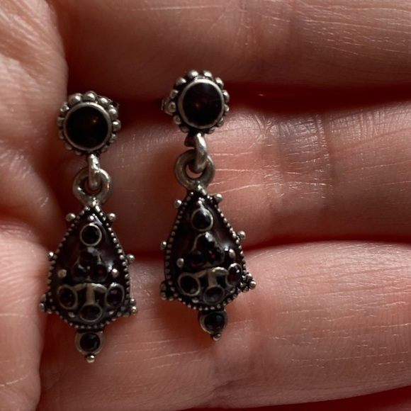 Earrings Dangles Drops Artisan Dark Red Almost Black Rhinestones Enamel - Picture 2 of 14
